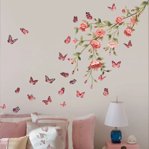 Adesivi murali con fiori arancioni e farfalle per la decorazione della camera da letto