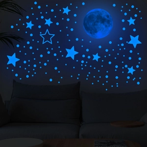 Luminous wall sticker set with blue glowing moon, stars and dots for bedroom decor