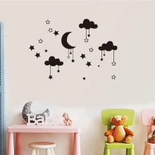 Detail of matte black cloud, moon and stars wall stickers for nursery wall decoration