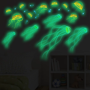 Luminous jellyfish wall stickers for bedroom with glowing sea creature bubble patterns