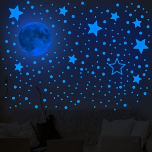 Glow In The Dark Wall Stickers Moon Stars Dots PVC Fluorescent Blue DIY Bedroom Kids Room Home Decor
