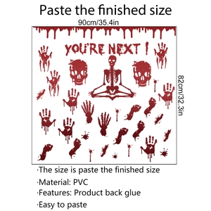 Macro view of Halloween bloody skull and handprint PVC wall decals with size specifications