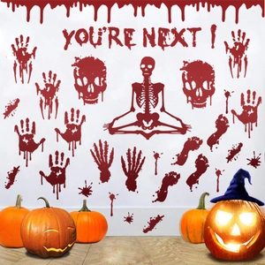 Halloween Wall Stickers Bloody Handprints Footprints Skull Skeleton Removable PVC Window Decals Horror Party Decor