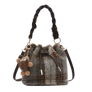 Chic grey and brown plaid plush bucket bag with drawstring and cute plush charm