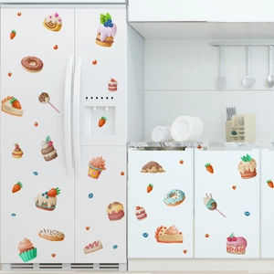 Colorful hand-painted dessert wall stickers featuring cakes and donuts on a white fridge