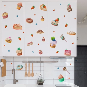 Cartoon dessert wall stickers featuring cakes, donuts and strawberries for home decor