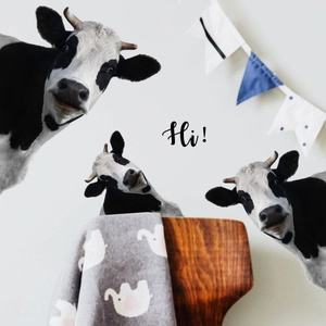 Cute black and white cow wall stickers with Hi text for cozy living room wall decor