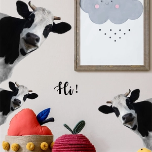 Cute black and white cow wall stickers with 'Hi!' text for living room home decor