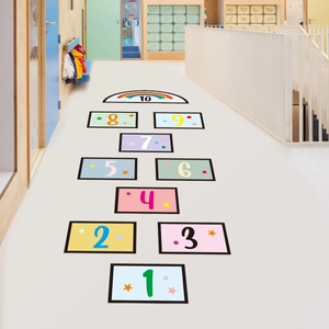 Macaron color hopscotch floor decals with numbers 1-10 and rainbow for kids playroom
