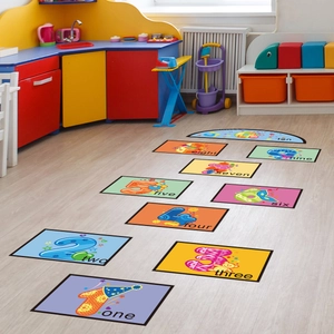 Colorful hopscotch floor stickers with English numbers and cartoon designs for kids