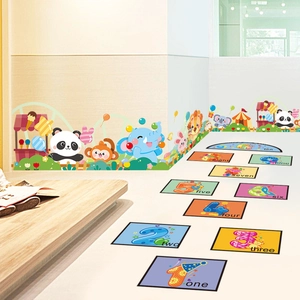 Colorful hopscotch floor stickers and cartoon animal wall decals for kids room decor