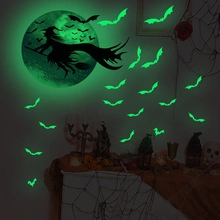 Stickers muraux Halloween lumineux avec lune brillante, sorcière et silhouettes de chauves-souris