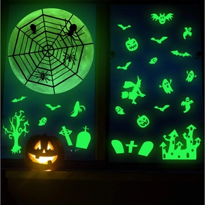 Stickers Muraux Halloween Lumineux Dans Le Noir Lune Toile Araignée Chauve Souris Fantôme Sorcière Décoration Fête