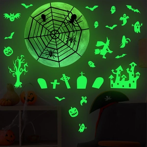 Stickers muraux Halloween phosphorescents avec lune, toile d'araignée et fantômes