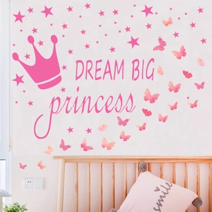 Stickers muraux couronne de princesse rose et papillon avec Dream Big pour fille