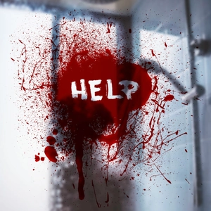 Bloody HELP Halloween window sticker for bathroom glass decoration with red blood splatter