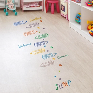 Colorful pencil hopscotch floor stickers for kids room decor with 30-100cm scale markers