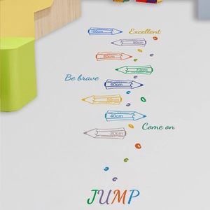 Colorful pencil hopscotch floor decal for kids room with scale markings and footprints