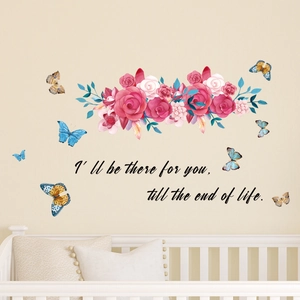 Pink rose wall stickers with butterflies and inspirational quotes for nursery room decor