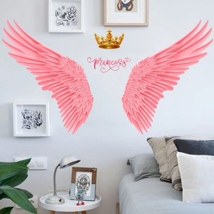 Pink feather wings wall sticker with gold crown and Princess text for girls bedroom décor