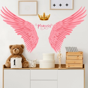 Pink wings and golden crown wall decals with princess text for girls nursery room decor