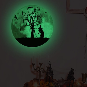 Luminous Halloween wall sticker showing a glowing moon with witch and bat silhouettes