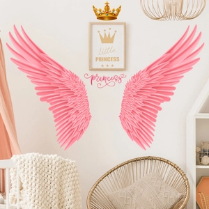 Pink Angel Wings With Golden Crown Princess Wall Decal For Kids Room Bedroom PVC Waterproof DIY Home Decor Wall Sticker