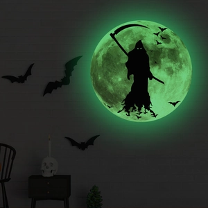 Luminous Halloween wall decal featuring a glowing moon, reaper silhouette and bats