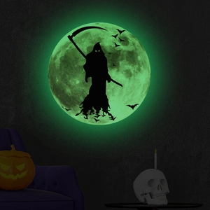 Luminous Halloween wall decal showing a glow-in-the-dark moon with reaper and bats