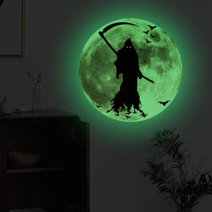 Luminous Halloween wall sticker showing a glowing moon with reaper and bats silhouettes