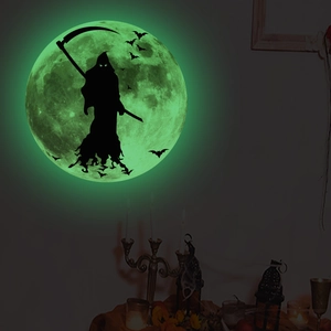 Luminous Halloween wall sticker featuring a glowing moon with reaper and bats silhouettes
