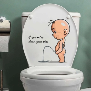 Waterproof creative toilet seat sticker featuring cartoon boy and funny English quote