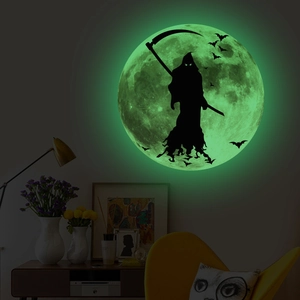 Glow in the dark Halloween wall sticker featuring moon, reaper and bats silhouettes