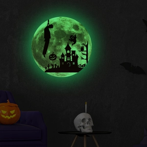Glow-in-the-dark moon wall decal with haunted castle and ghost silhouettes for Halloween