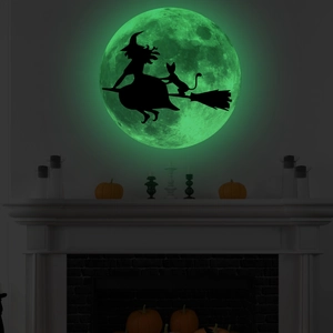 Glow-in-the-dark Halloween wall decal featuring a witch flying over a green moon