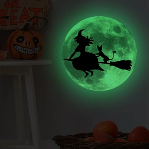 Luminous Halloween wall sticker showing a glowing moon with witch and cat silhouettes