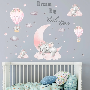 Stickers muraux bébé avec éléphants gris, ballons roses et texte Dream Big Little One
