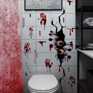 3D Halloween wall decals featuring bloody handprints and a peeking eyeball through a crack
