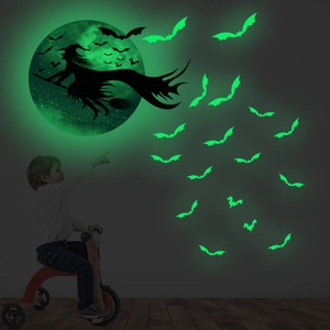 Glow-in-the-dark Halloween wall stickers featuring a witch moon and bat silhouettes