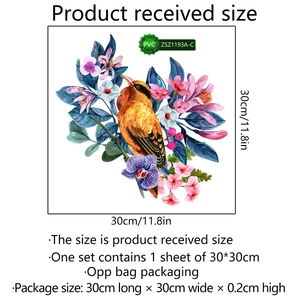Floral bird PVC wall sticker decal measuring 30x30cm with detailed size annotations