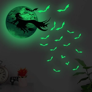 Luminous Halloween wall stickers featuring a glowing moon, witch silhouette, and flying bats