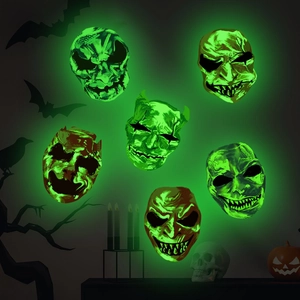 Luminous Halloween wall stickers featuring glowing green scary skull and demon masks
