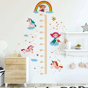 Unicorn rainbow height chart wall sticker for kids room with 60-160cm measurement scale