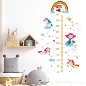 Detail of cartoon unicorn height chart with rainbow stickers for kids room decor