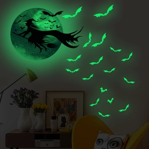 Luminous Halloween wall stickers showing a glowing moon with witch and bats silhouettes