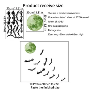 Size chart for Halloween glow stickers with moon and bats layout specifications and dimensions