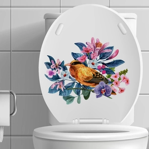 Flower Bird Toilet Sticker PVC Decorative Wall Decal For Bathroom Living Room Watercolor Plant Bird Pattern Removable Art Mural