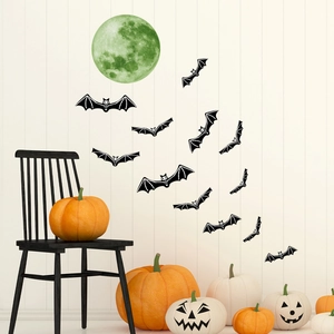 Glow-in-the-dark Halloween wall stickers set with green moon and 12 black bats for home decor