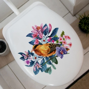 Colorful bird and flower waterproof wall sticker on white ceramic toilet lid cover