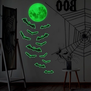 Luminous Halloween wall stickers featuring a glowing green moon and bats for home decor